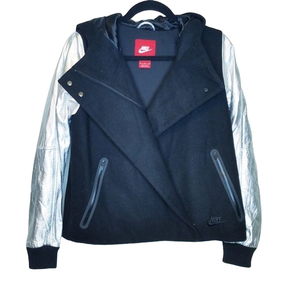 Nike Destroyer Varsity Jacket Wool Hoodie Lamb Leather Coat Black Size Med